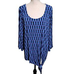 Rafaella 1X Stretch Top Blue Purple Geometric Scoop Neck Front Tie Flared Sleeve